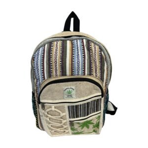 Handcrafted Himalayan Hemp Backpack – Neutral Stripes and Leaf Print Pocket