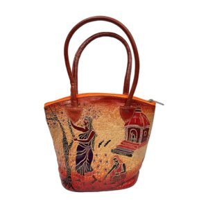 Handcrafted Shantiniketan Leather Handbag with Village & Temple Art