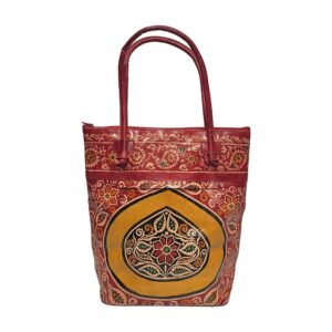 Handcrafted Shantiniketan Leather Shoulder Bag with Golden Floral Medallion