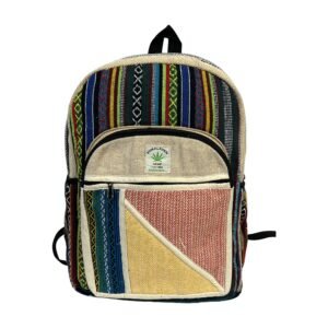 Handcrafted Himalayan Hemp Backpack – Blue Geometric Stripes and Colorblock Pocket