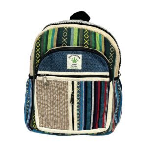 Handcrafted Himalayan Hemp Backpack – Medium – Green Geometric Stripes and Vertical Rainbow Panel