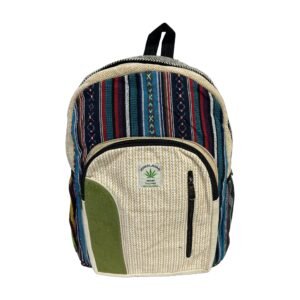 Handcrafted Himalayan Hemp Backpack – Blue and Rust Stripes with Olive Pocket
