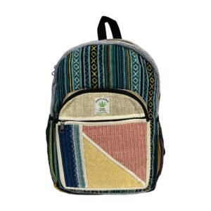 Handcrafted Himalayan Hemp Backpack – Teal Stripes and Colorblock Front Pocket