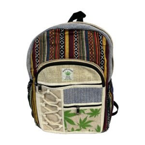Handcrafted Himalayan Hemp Backpack – Rust Stripes and Leaf Print Pocket
