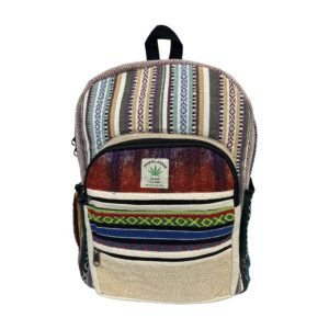 Handcrafted Himalayan Hemp Backpack – Neutral Stripes and Multicolor Front Band