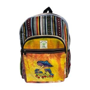 Handcrafted Himalayan Hemp Backpack with Embroidered Blue Mushroom Garden Design