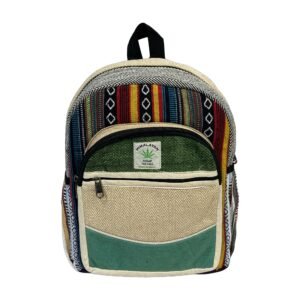 Handcrafted Himalayan Hemp Backpack – Medium – Green Accent and Curved Colorblock Pocket