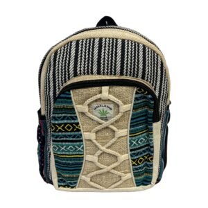 Handcrafted Himalayan Hemp Backpack – Medium – Teal Geometric Stripes with Braided Front Detail