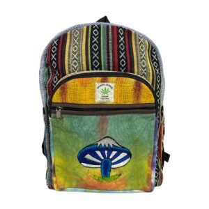 Handcrafted Himalayan Hemp Backpack with Embroidered Blue Mountain Mushroom Design
