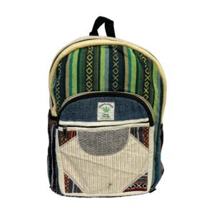 Handcrafted Himalayan Hemp Backpack – Green Geometric Stripes and Gray Patchwork Pocket