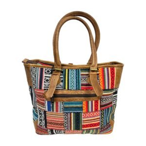 Handcrafted Boho Patchwork Woven Shoulder Bag with Multicolor Geometric Stripes