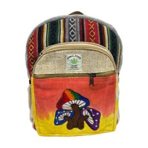Handcrafted Himalayan Hemp Backpack – Medium – with Rainbow Mushroom Embroidery – Medium