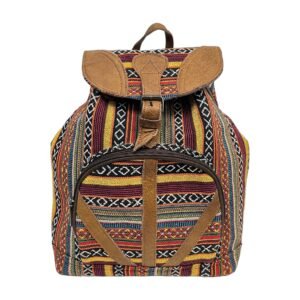 Handcrafted Nepalese Multicolor Woven Backpack with Leather Trim