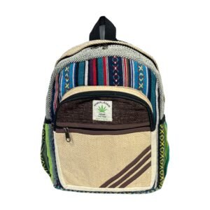 Handcrafted Himalayan Hemp Backpack – Medium – Blue Geometric Stripes and Diagonal Brown Accents