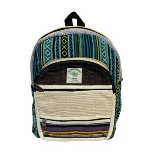 Handcrafted Himalayan Hemp Backpack – Medium – Teal Stripes and Horizontal Rainbow Trim