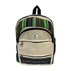 Handcrafted Himalayan Hemp Backpack – Medium – Green Geometric Stripes and Black Woven Trim