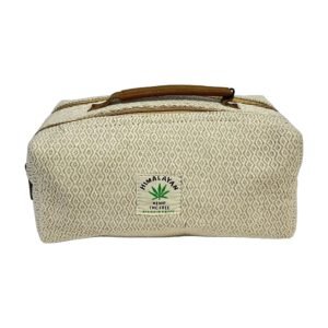 Handmade Hemp Toiletry Bag with Buffalo Leather Handle – Natural Textured Weave