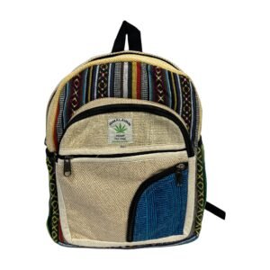 Handcrafted Himalayan Hemp Backpack – Medium – Blue Colorblock Pocket and Geometric Stripes