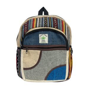 Handcrafted Himalayan Hemp Backpack – Medium – Blue and Gray Curved Patchwork Pocket